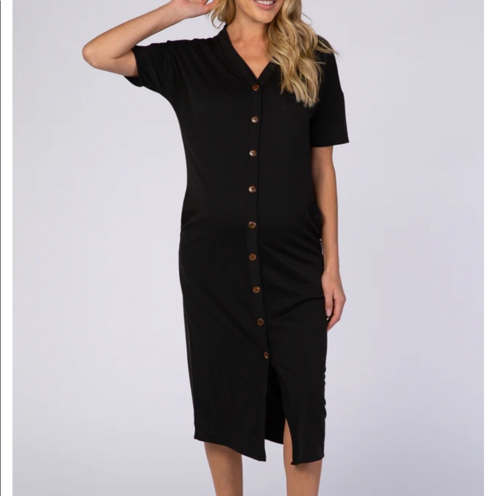 Black Short Sleeve V-Neck Button Detail Maternity Midi Dress